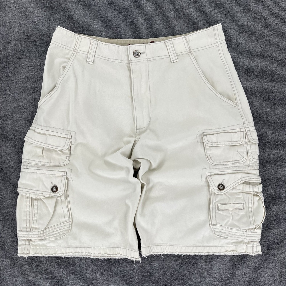 Plugg Cargo Shorts Mens 31 (Fits 32) White Khaki Utility Pocket Y2K Grunge Baggy